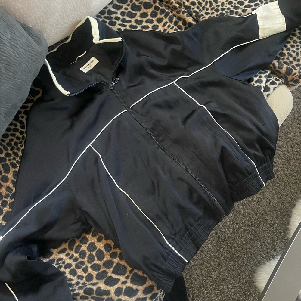 Yves Saint Laurent Black Satin Track Jacket with White Accents